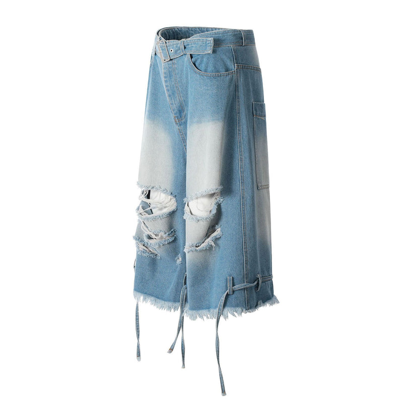 Light wash wide-leg denim jorts with distressed front rips, belt and frayed hem