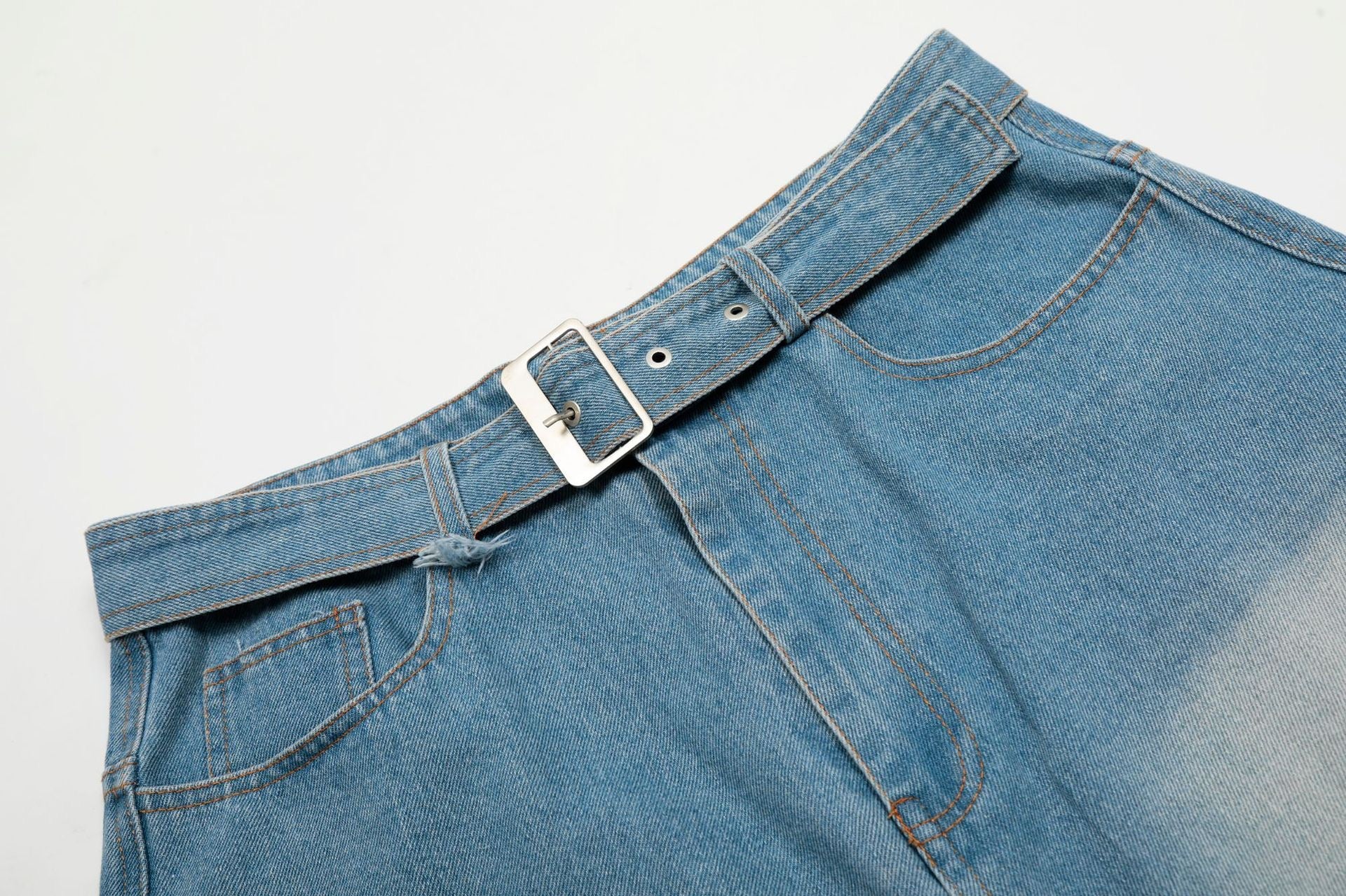Omirad Distressed Belted Wide-Leg Denim Jorts | Y2K Street Style
