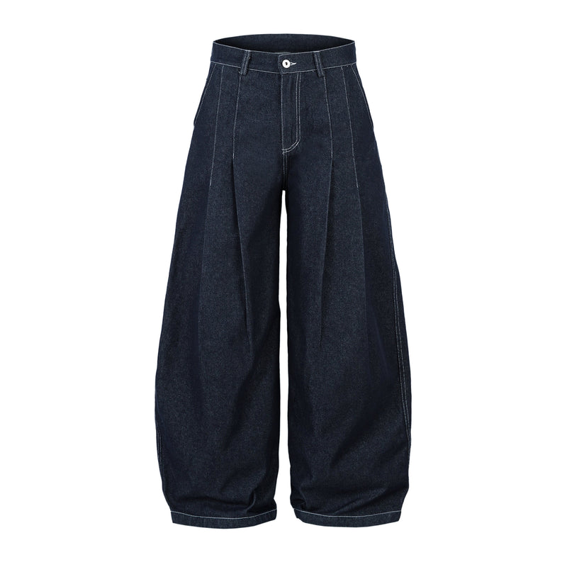 Sculpted Pleated Balloon-Leg Denim Jeans | Deep Indigo