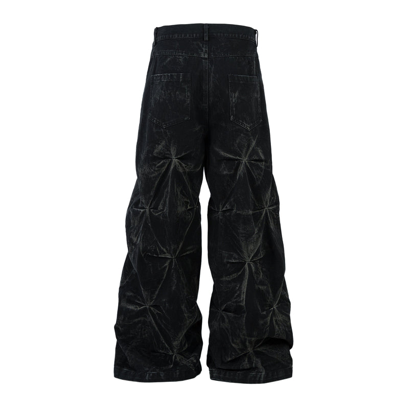 Omirad 3D Pleated Wide-Leg Jeans | Washed Black Denim