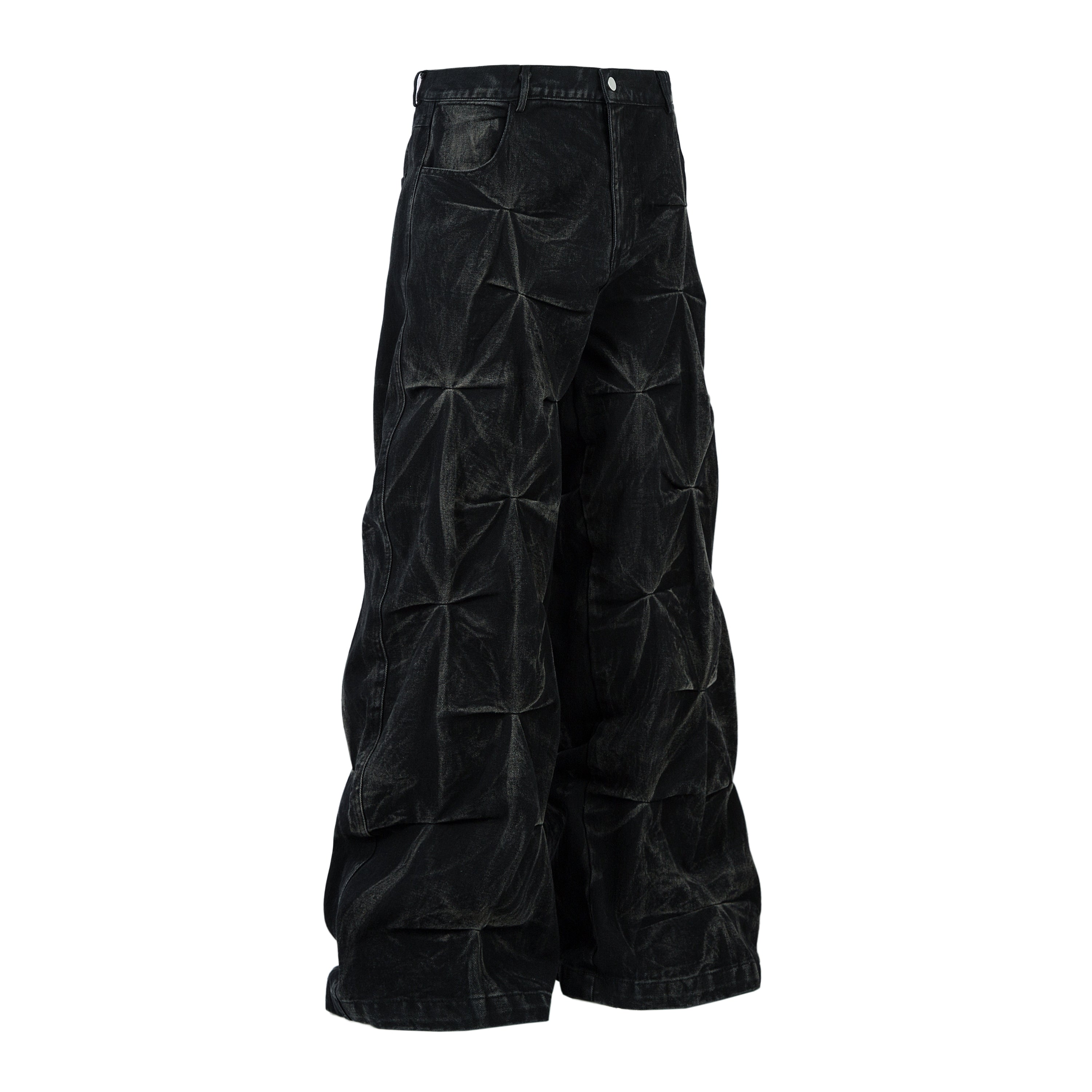 Omirad 3D Pleated Wide-Leg Jeans | Washed Black Denim