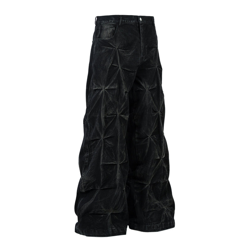 Omirad 3D Pleated Wide-Leg Jeans | Washed Black Denim