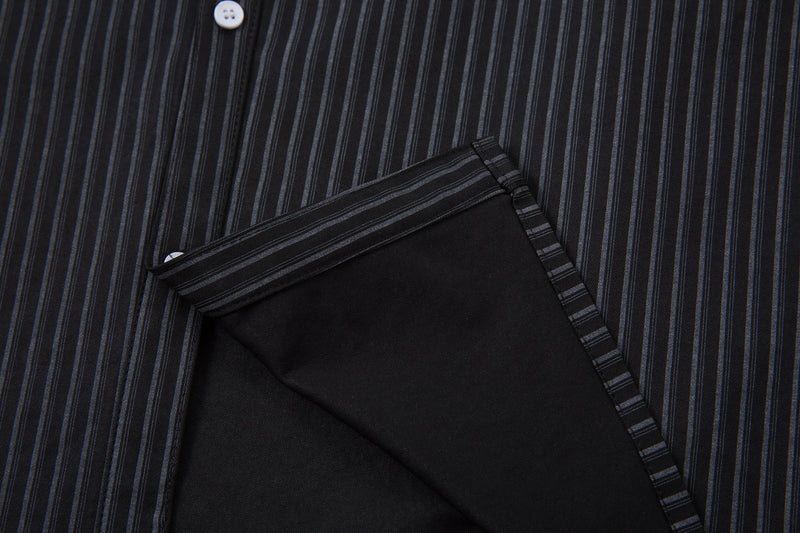 Open front hem detail showing layered shirt construction and interior black panel