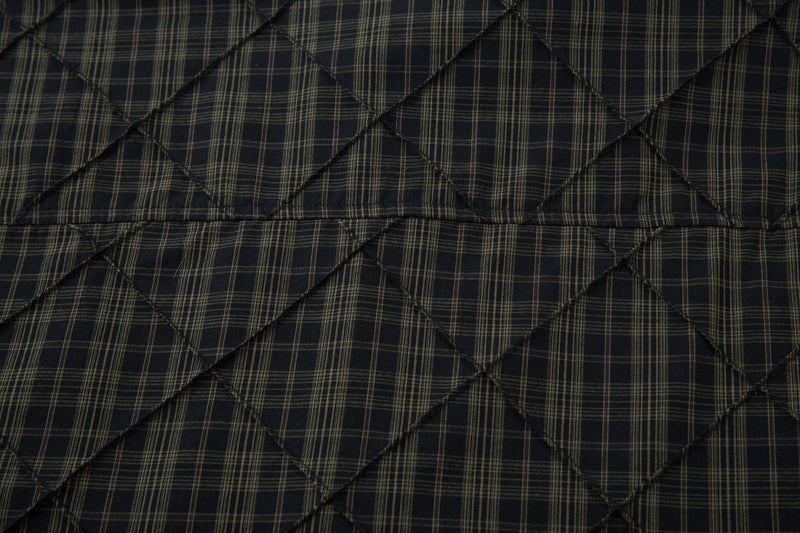 Close-up of quilted black plaid shirt back panel with diamond stitching