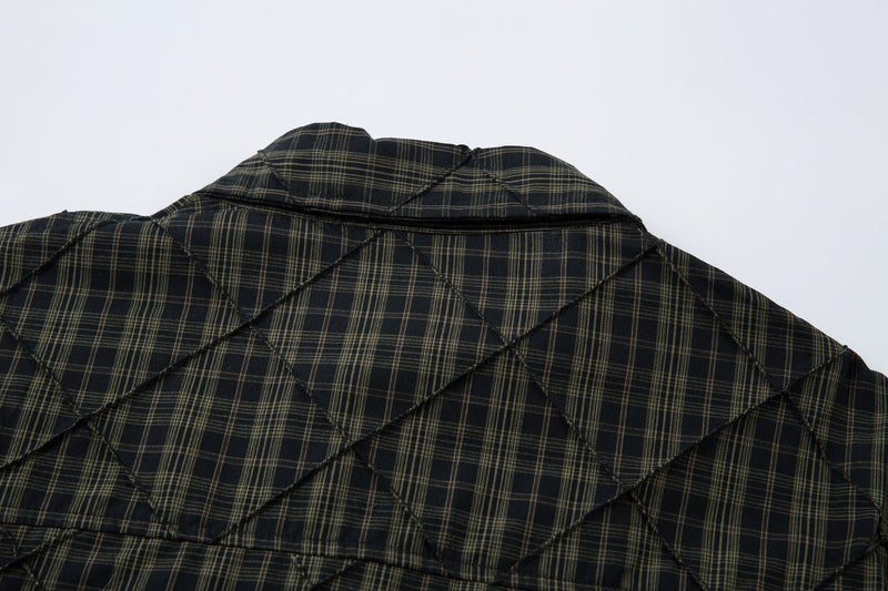 Close-up of plaid quilted shirt collar and upper back detail