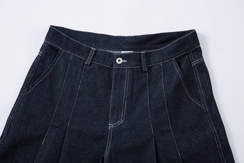 Sculpted Pleated Balloon-Leg Denim Jeans | Deep Indigo