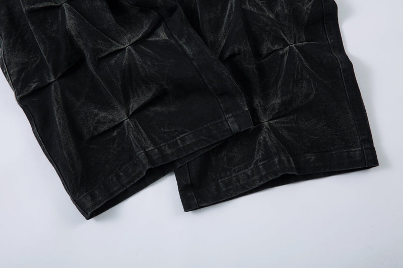 Omirad 3D Pleated Wide-Leg Jeans | Washed Black Denim