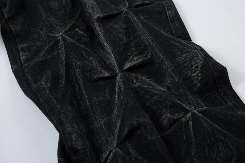 Omirad 3D Pleated Wide-Leg Jeans | Washed Black Denim