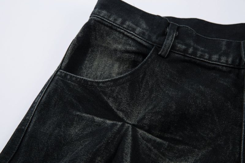 Omirad 3D Pleated Wide-Leg Jeans | Washed Black Denim