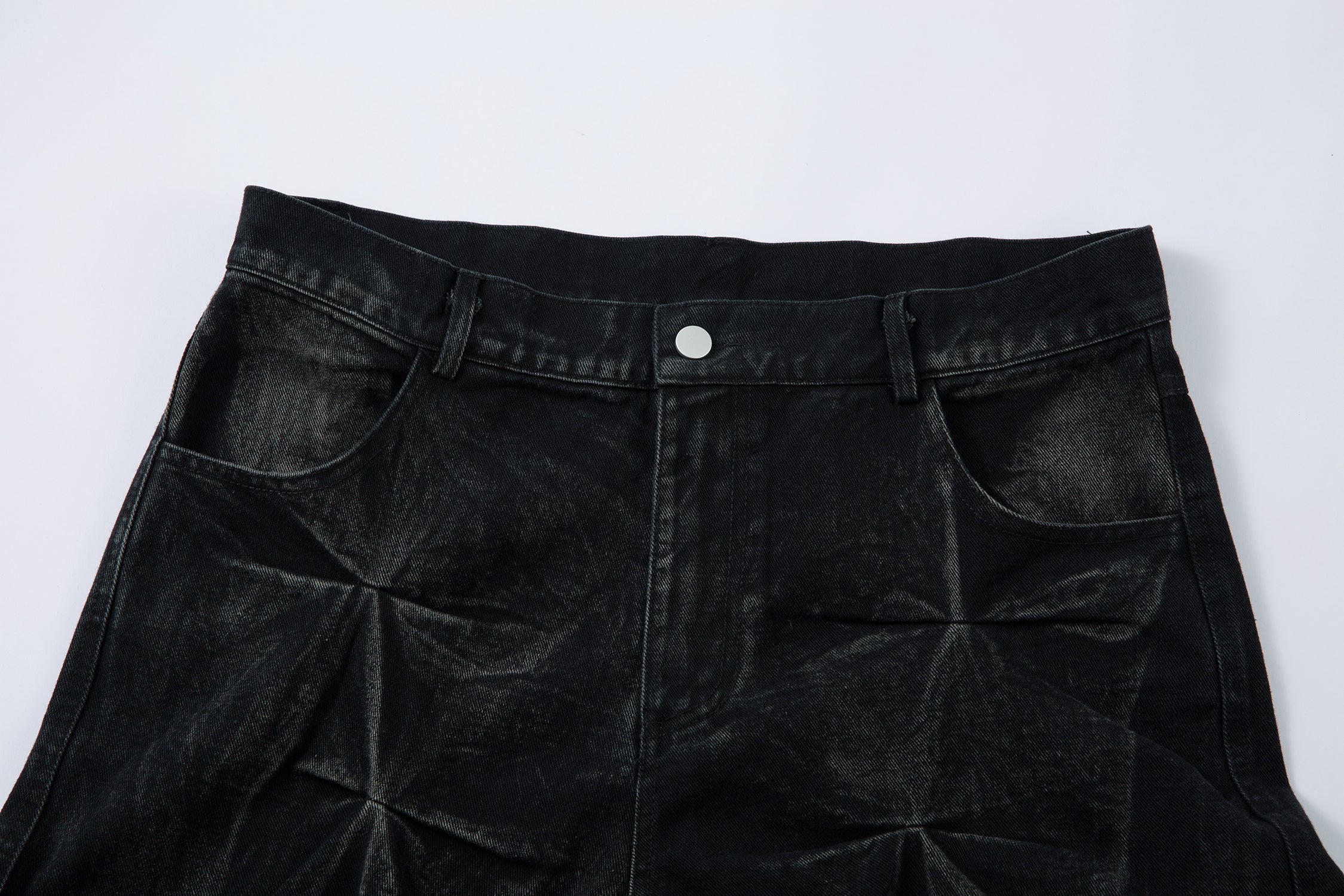 Omirad 3D Pleated Wide-Leg Jeans | Washed Black Denim