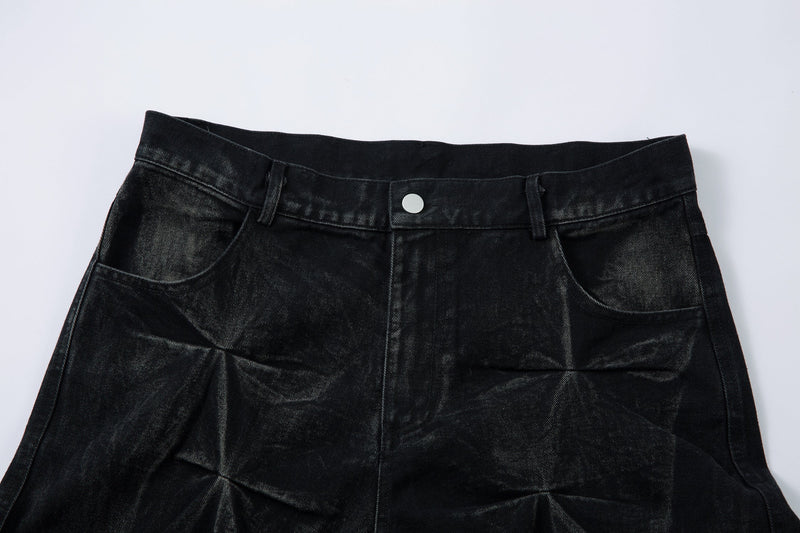 Omirad 3D Pleated Wide-Leg Jeans | Washed Black Denim