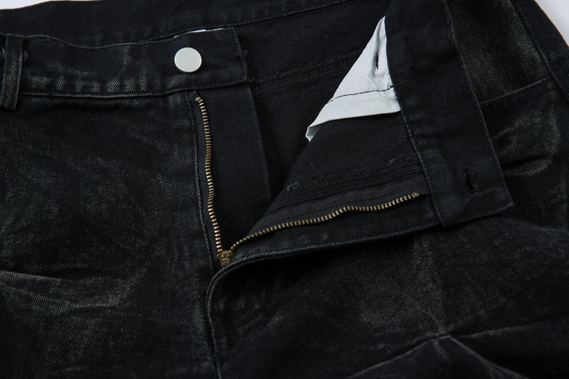 Omirad 3D Pleated Wide-Leg Jeans | Washed Black Denim