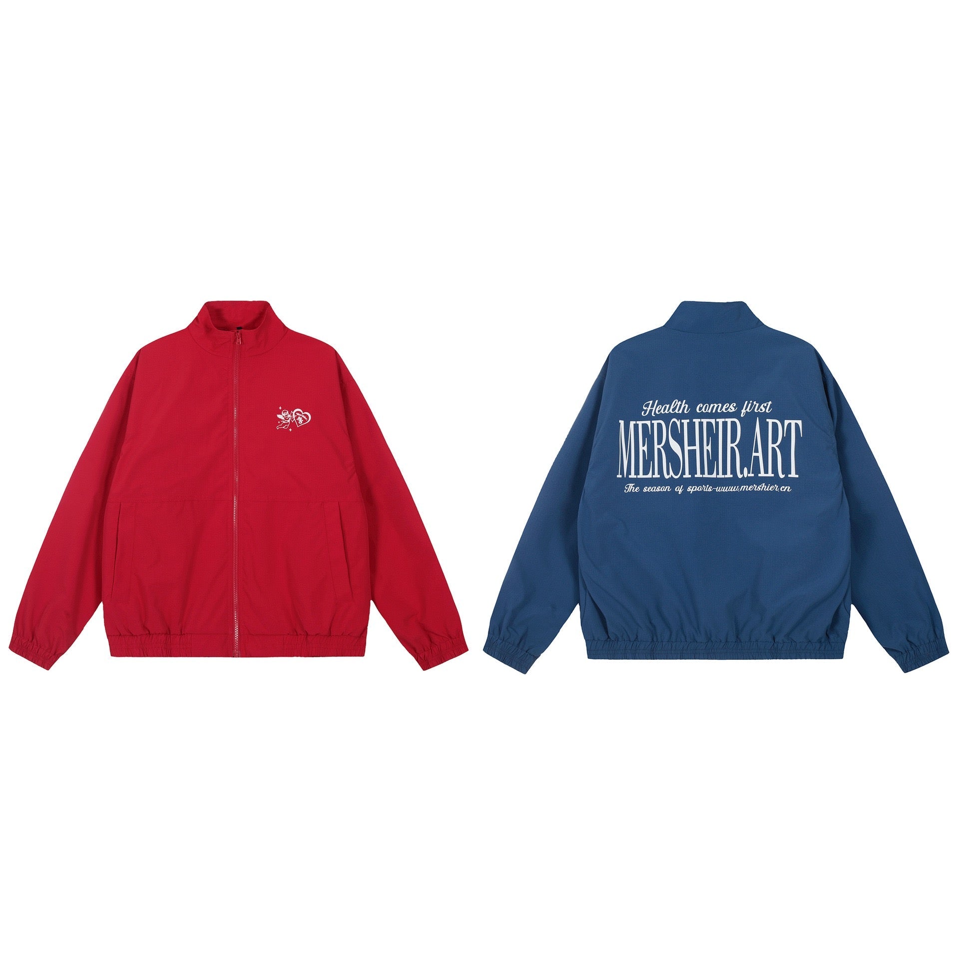 Red zip-up track jacket with white Cupid and heart graphic on chest, stand collar and elastic cuffs, front view