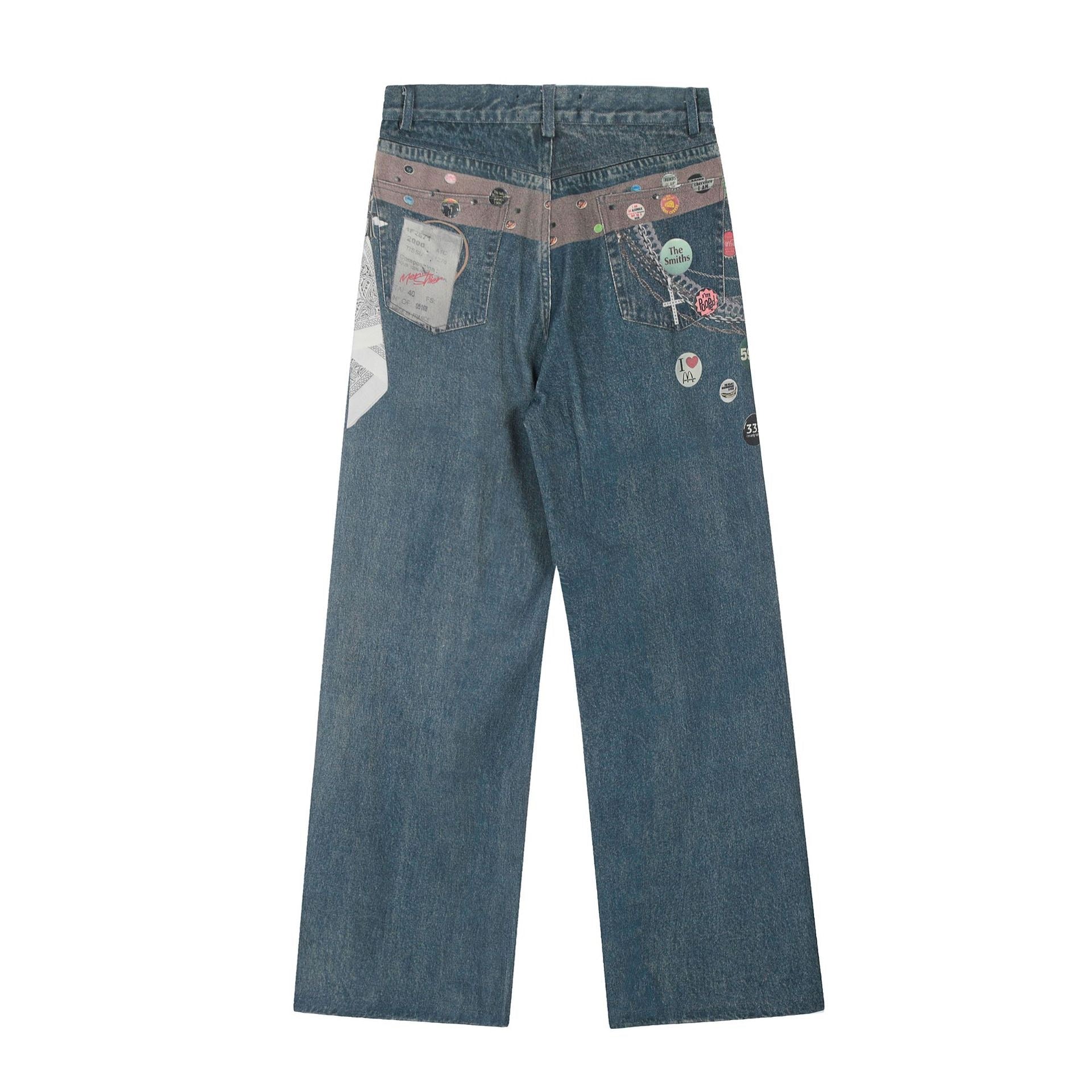 Patchwork Graphic Wide-Leg Jeans | Retro Streetwear Denim