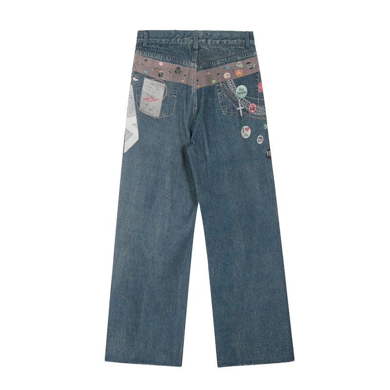 Patchwork Graphic Wide-Leg Jeans | Retro Streetwear Denim