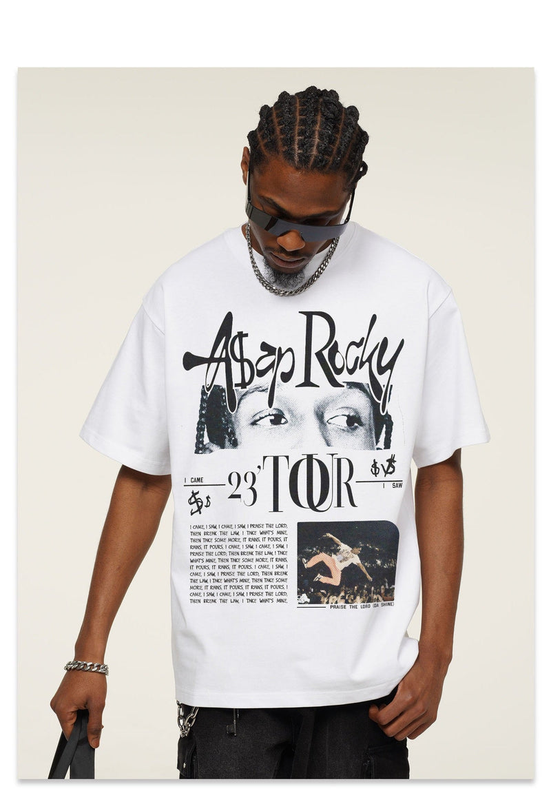 White oversized A$AP Rocky 23 tour graphic tee with bold black print and portrait design for vintage streetwear style