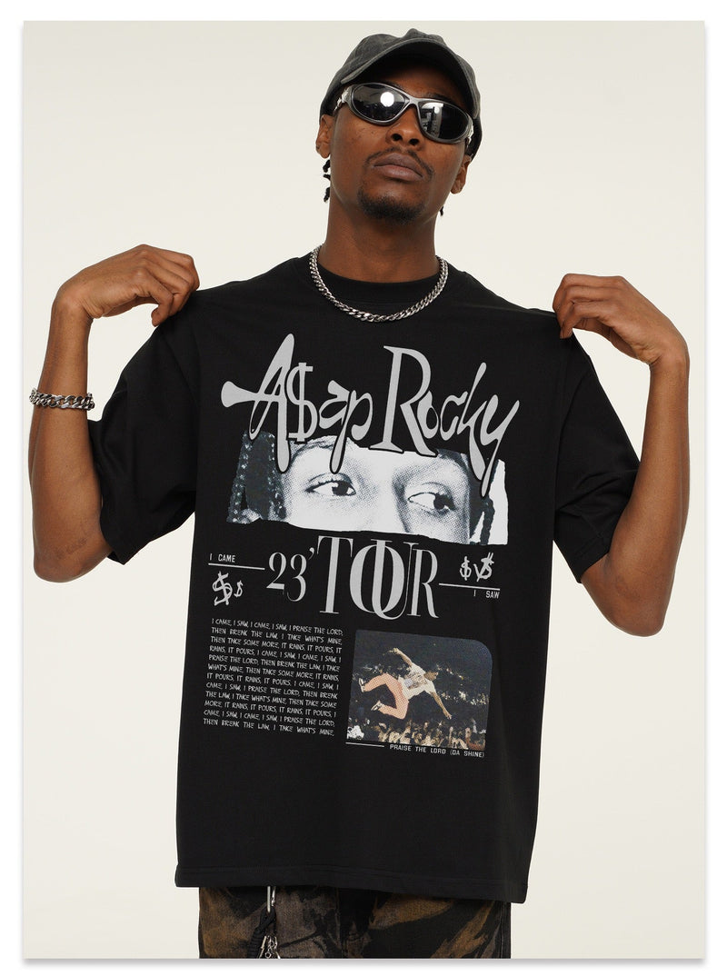Black A$AP Rocky 23 tour graphic tee with oversized front print and portrait design, styled on a model