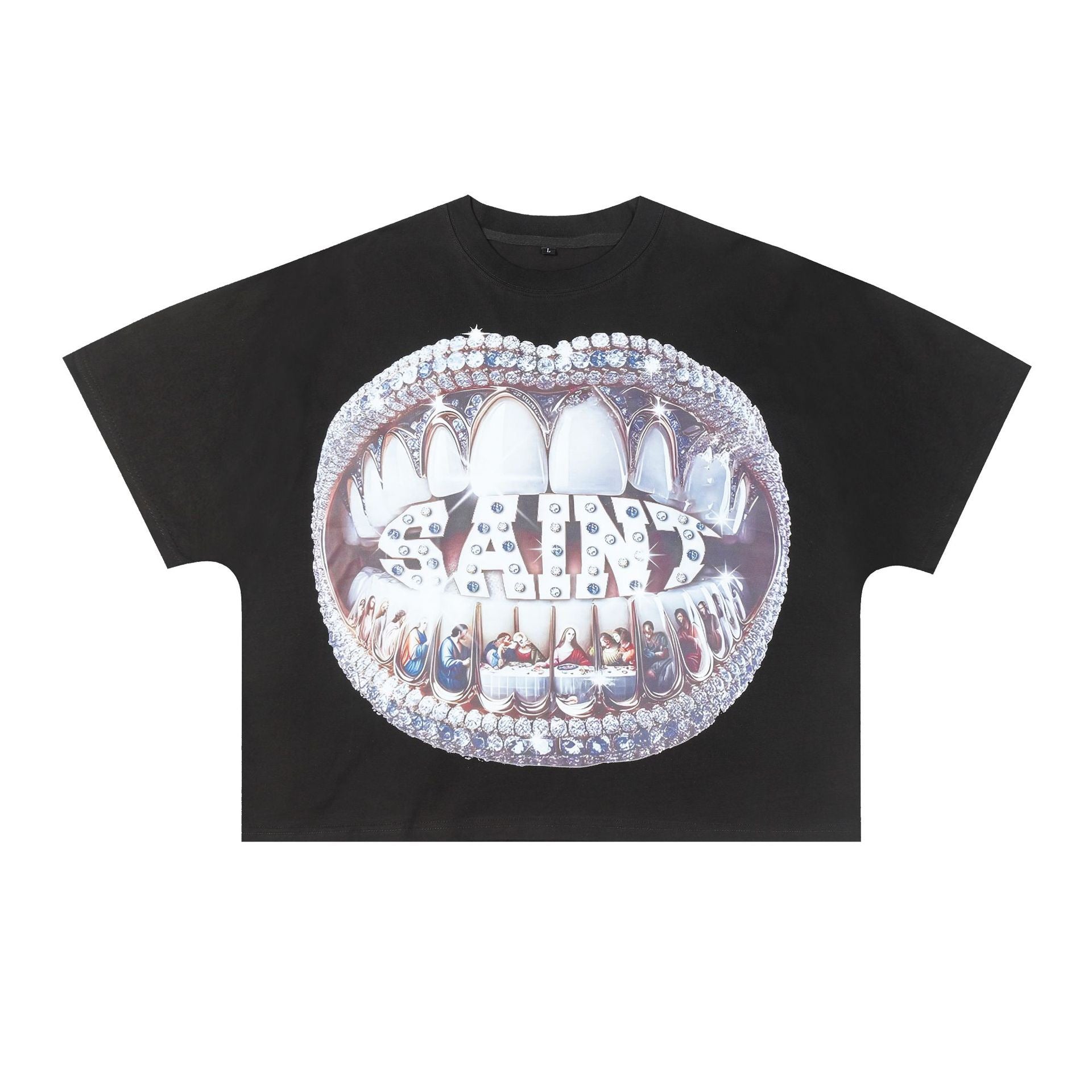 Black oversized graphic tee with rhinestone-encrusted mouth print and SAINT lettering on the front