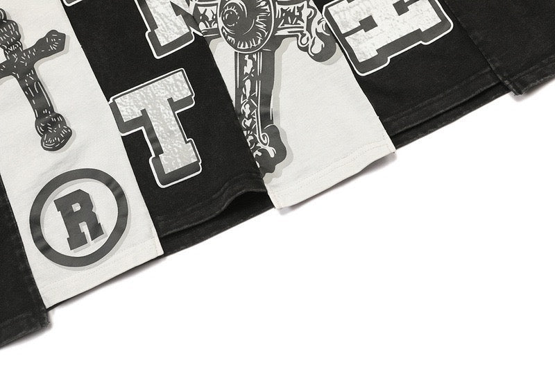 Cropped black and white Gothic graphic tee with Saint Faith cross panel print and oversized boxy hem