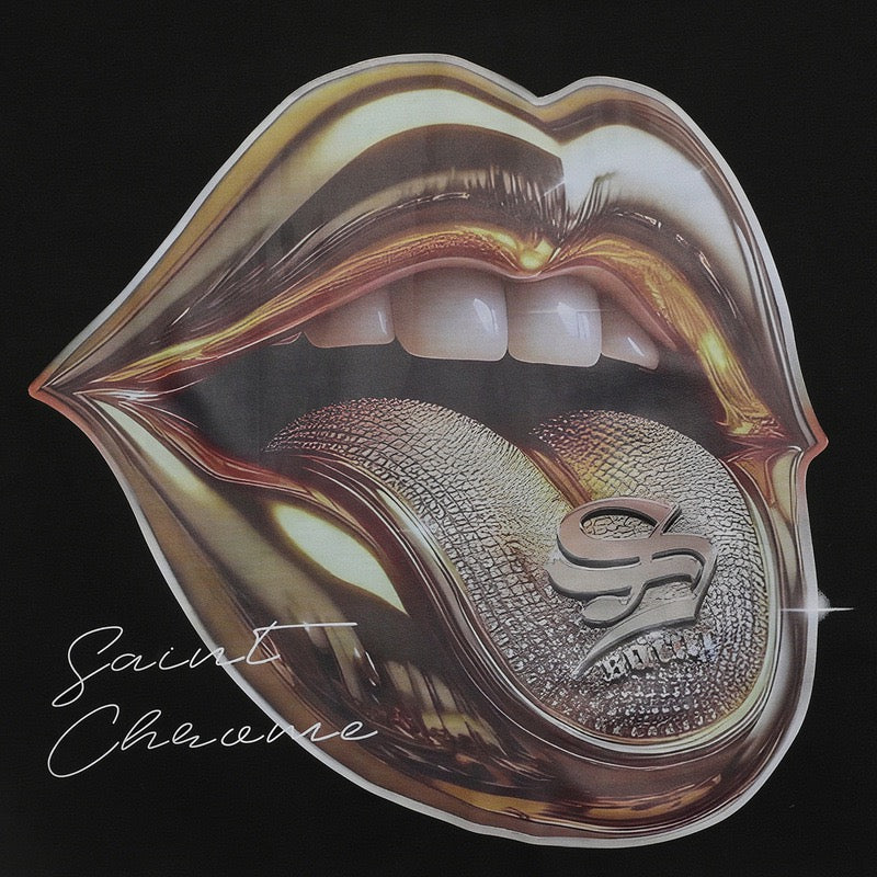 Saint Chevarre Metallic Lips Oversized Graphic Tee | Black