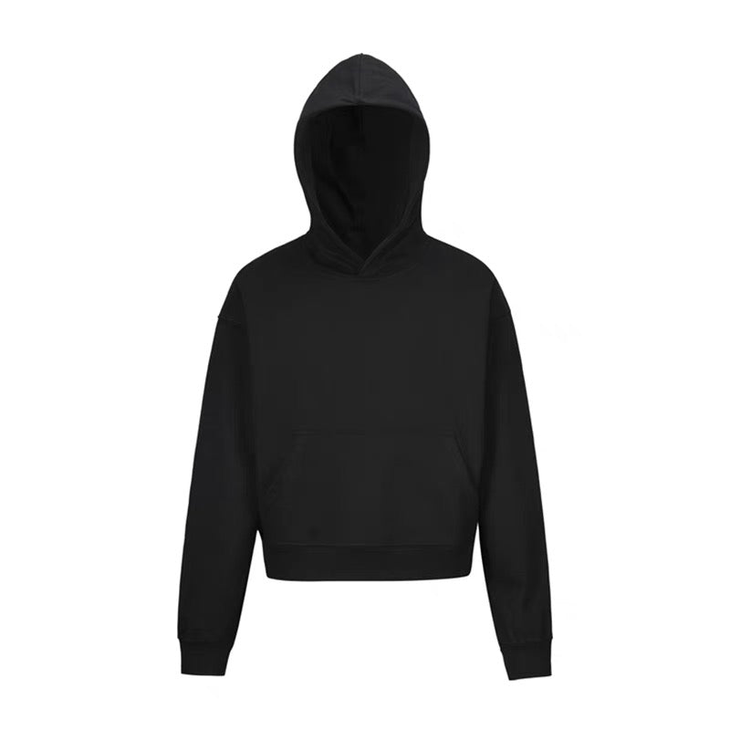 Black cropped hoodie with boxy fit, front view on white background