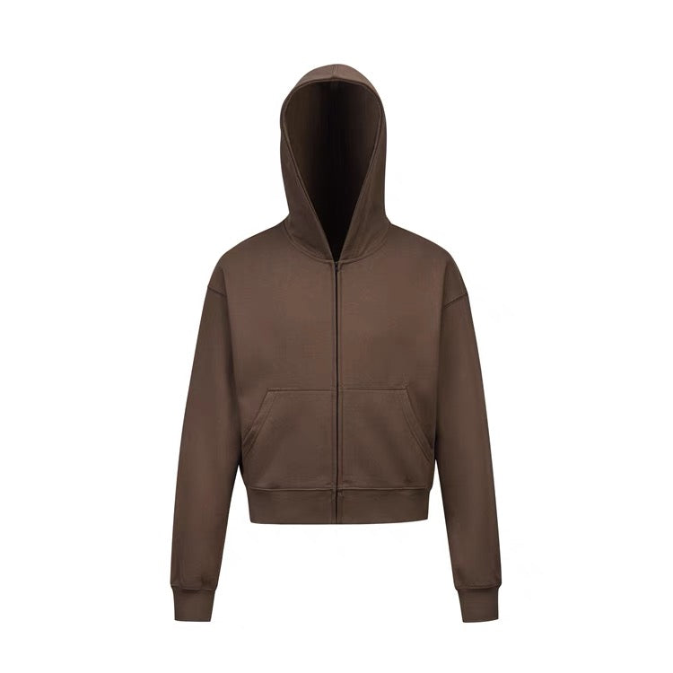 Brown zip-up cropped hoodie, front view on white background