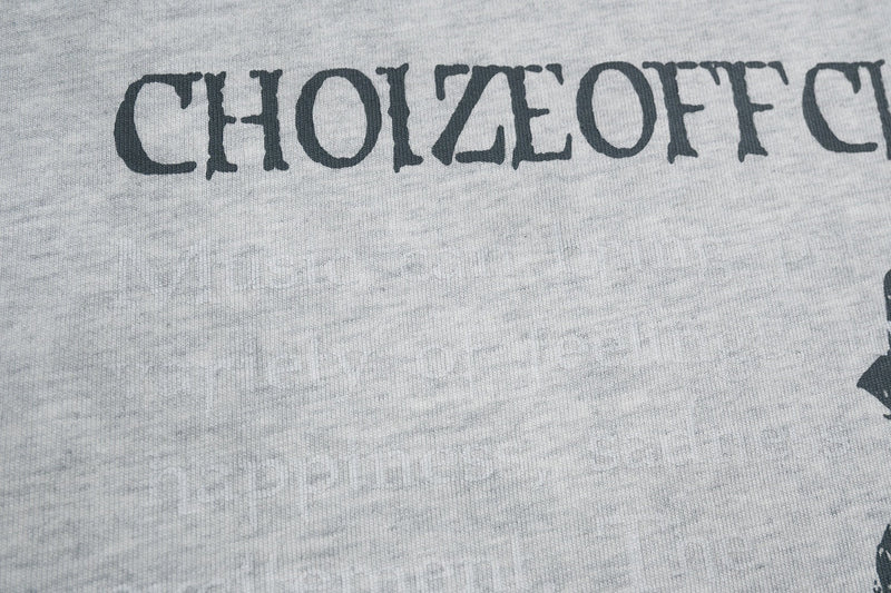 Close-up of heather gray streetwear tee with distressed black CHOIZE OFFCL graphic print
