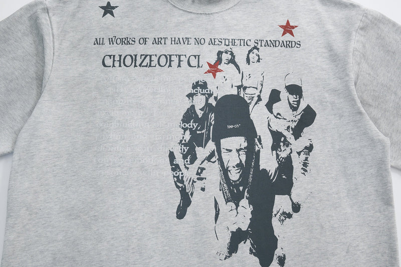 Light gray streetwear tee with black collage graphic, red stars, and bold Choize Offcl text on the chest