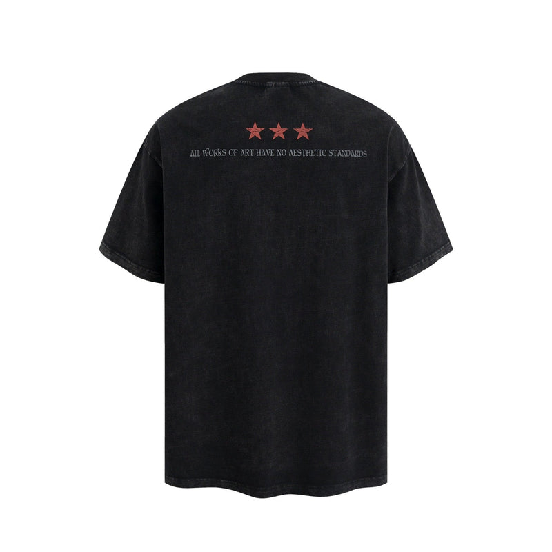 Black streetwear tee with red stars and back text print, featuring a relaxed oversized fit