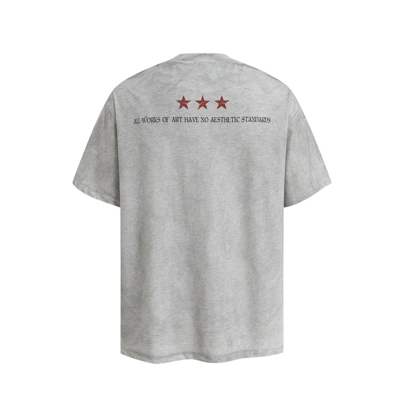 Grey streetwear tee with red stars and back text reading All Works of Art Have No Aesthetic Standards