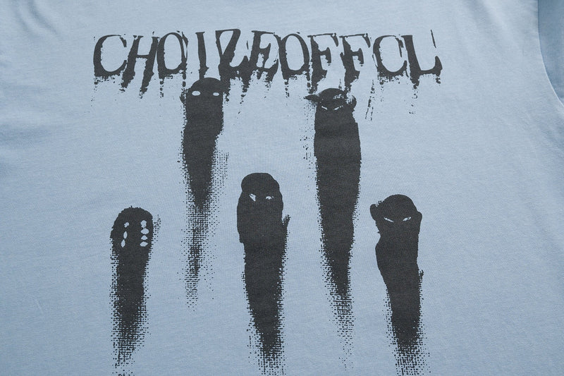 Light blue graphic tee with CHOIZEOFFCL text and four eerie black ghost figures in a distressed streetwear design