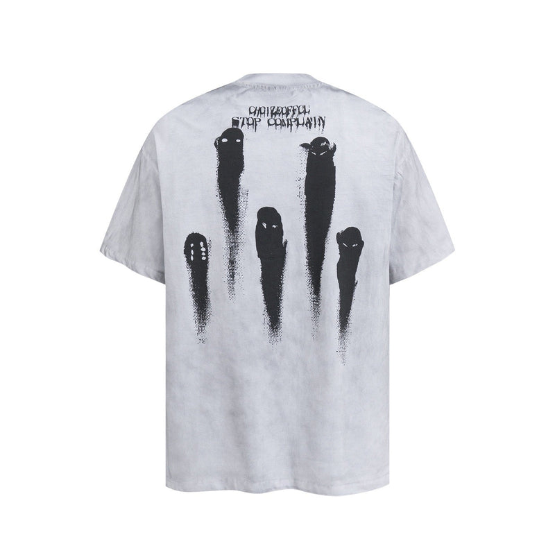 Light gray streetwear T-shirt with back ghost graphic and dripping black abstract figures