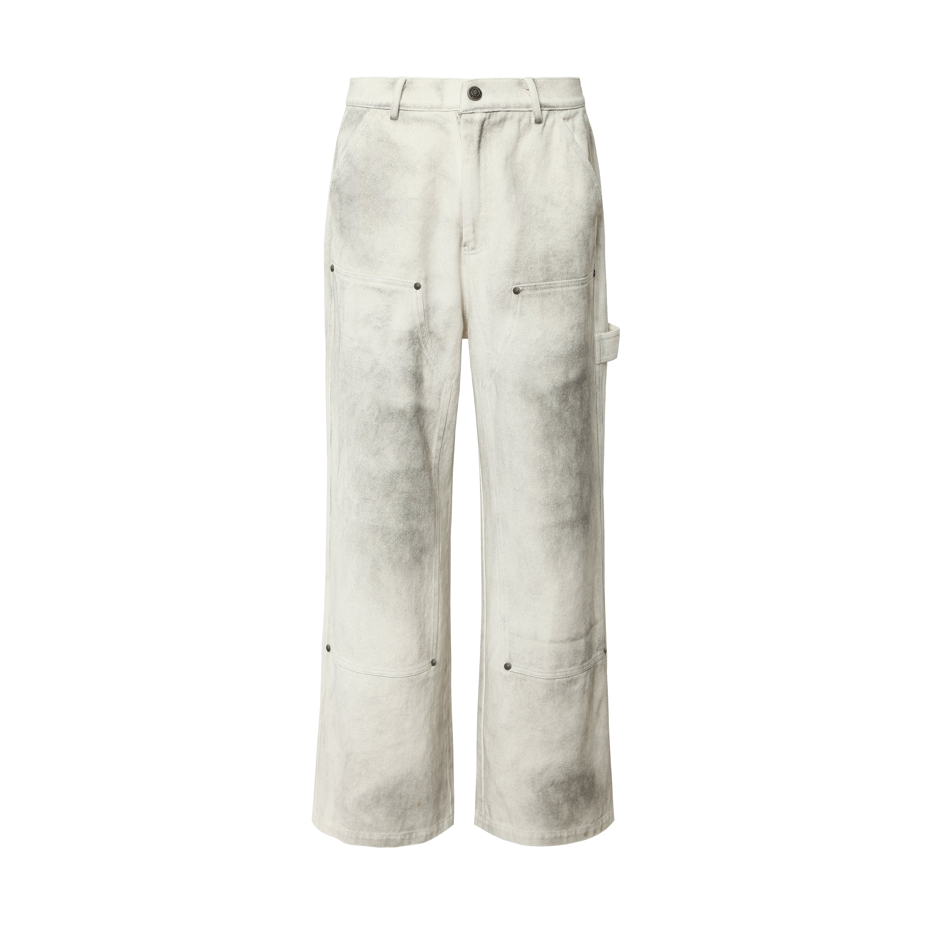 Front view of off-white washed utility cargo jeans with faded gray tonal finish, rivet hardware and straight-leg fit