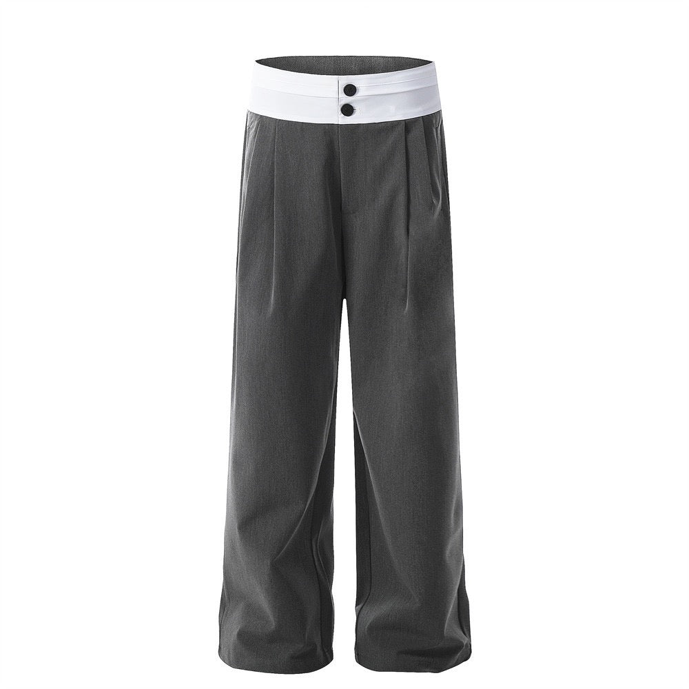 Contrast Waistband Wide-Leg Trousers | Two-Tone Pleated Pants