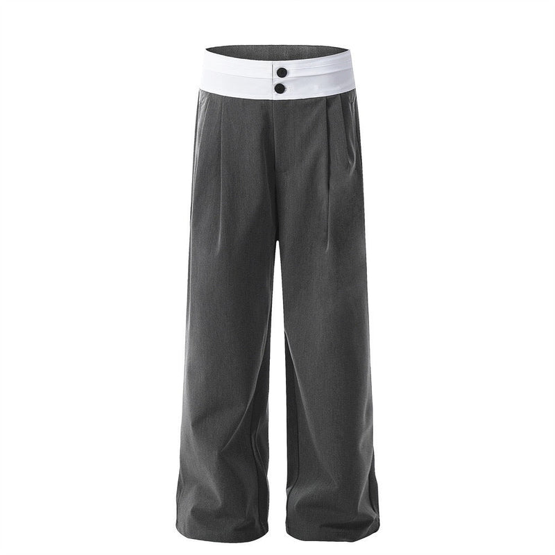 Contrast Waistband Wide-Leg Trousers | Two-Tone Pleated Pants
