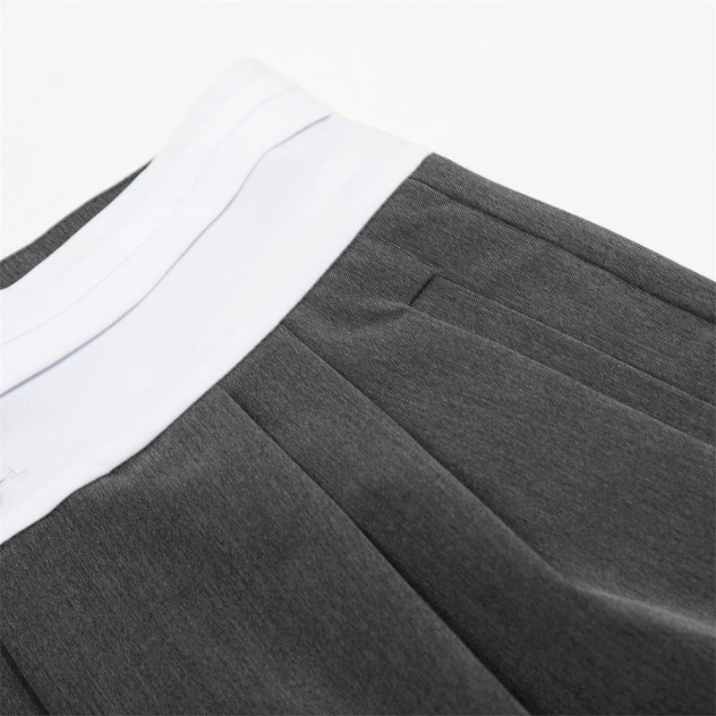 Contrast Waistband Wide-Leg Trousers | Two-Tone Pleated Pants
