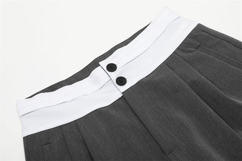 Contrast Waistband Wide-Leg Trousers | Two-Tone Pleated Pants