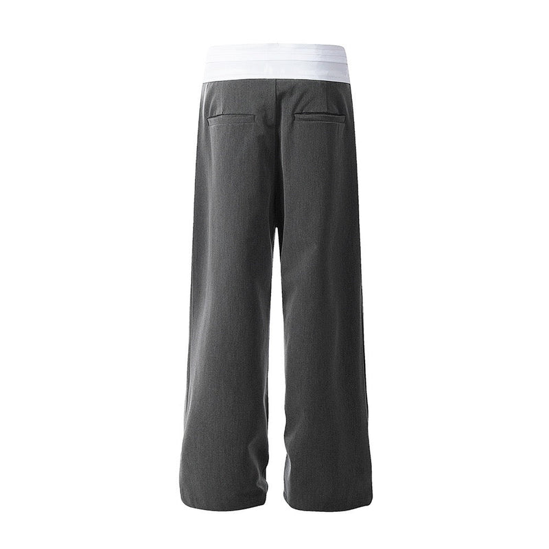 Contrast Waistband Wide-Leg Trousers | Two-Tone Pleated Pants
