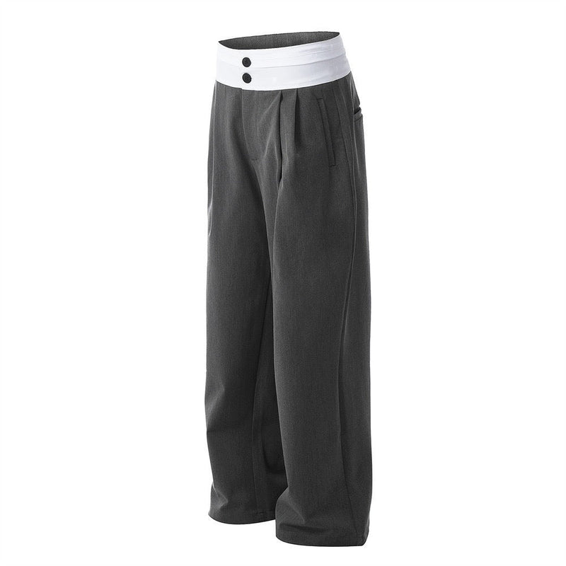 Contrast Waistband Wide-Leg Trousers | Two-Tone Pleated Pants