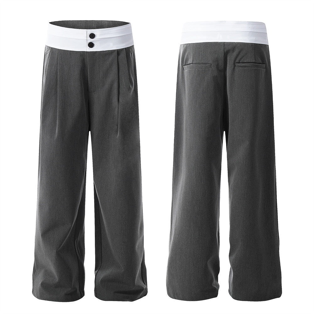 Front and back view of charcoal grey wide-leg trousers with white contrast waistband and double-button closure