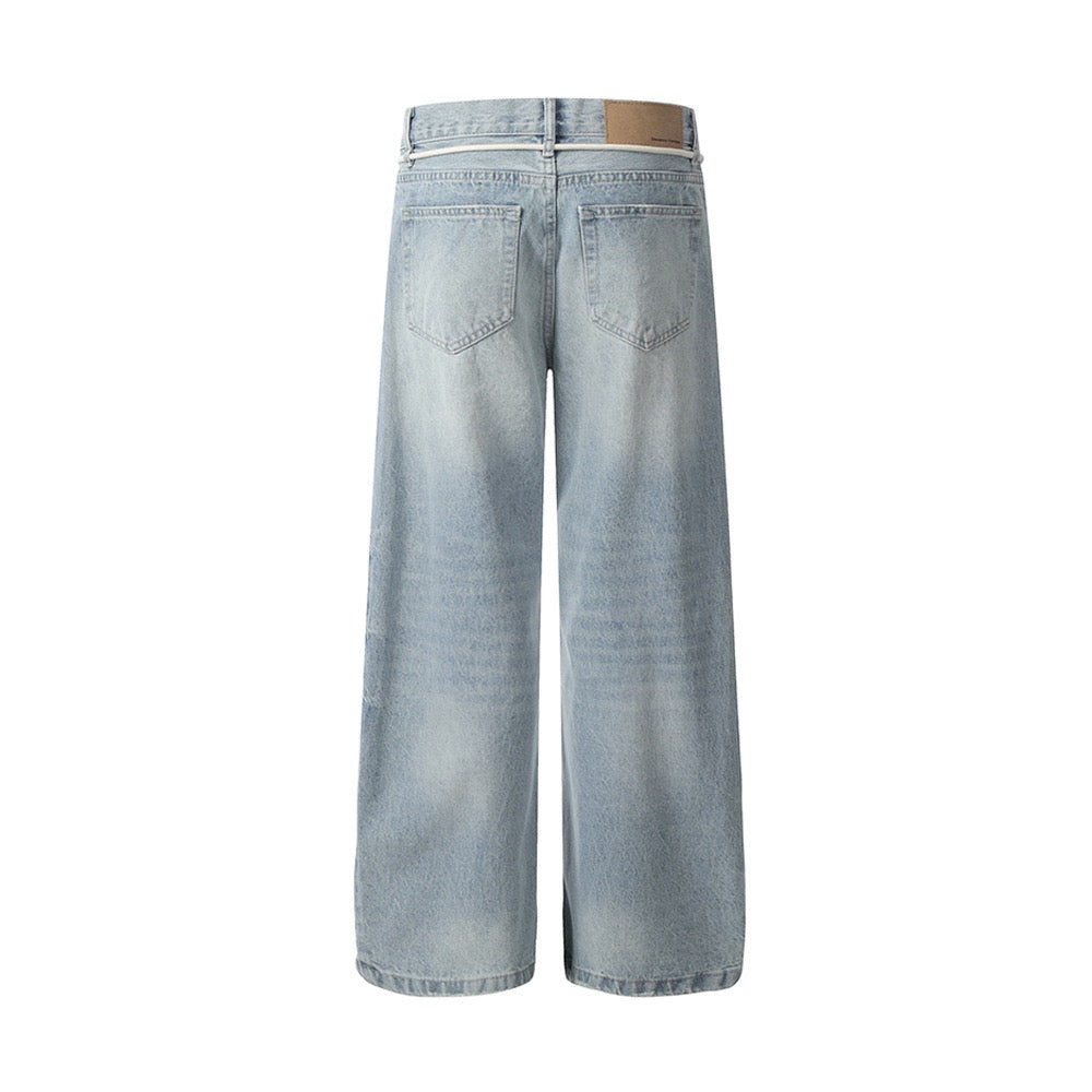 Omirad Rope-Belt Light-Wash Wide-Leg Jeans | SEAKOFF