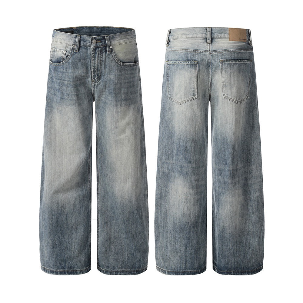 Front and back view of Omirad soft fade wide-leg jeans in light vintage wash denim with classic 5-pocket design