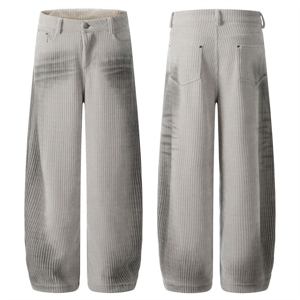 Front and back view of light grey gradient chenille wide-leg pants with ribbed texture and 5-pocket design