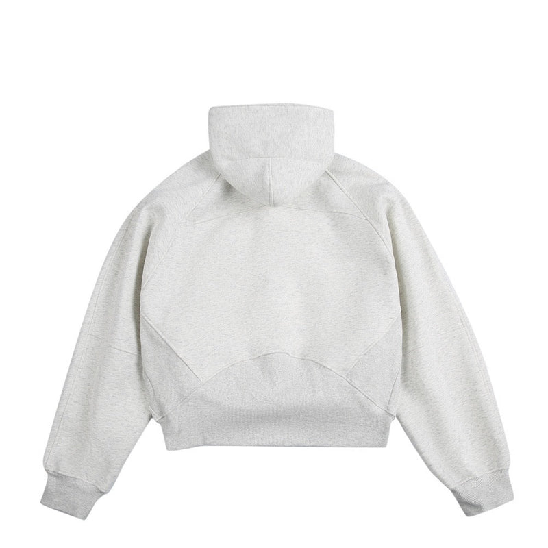 Light gray cropped hoodie back view with hood and ribbed hem