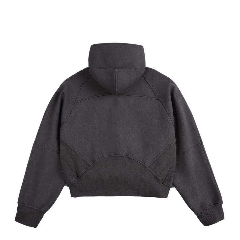 Dark charcoal cropped hoodie back view with structured hood and seam details