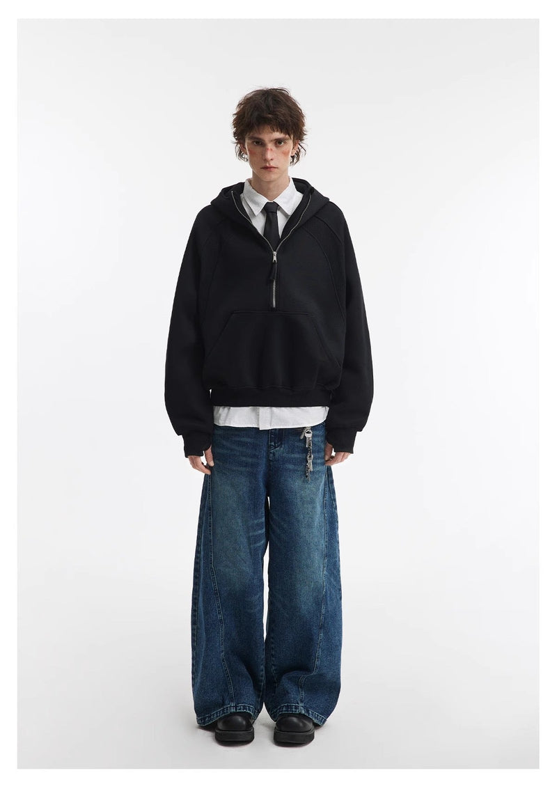 Black cropped hoodie styled with shirt and tie, full front model view