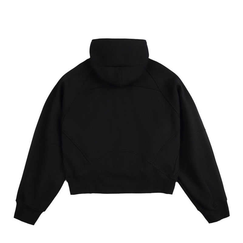 Black cropped hoodie back view with high hood and ribbed hem