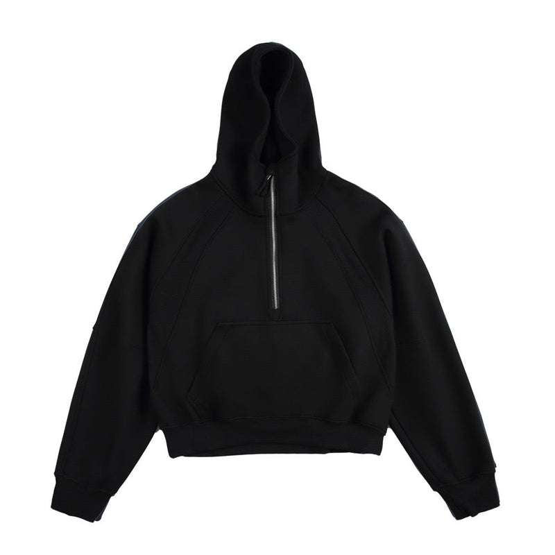 Black half-zip cropped hoodie with hood and kangaroo pocket, front view