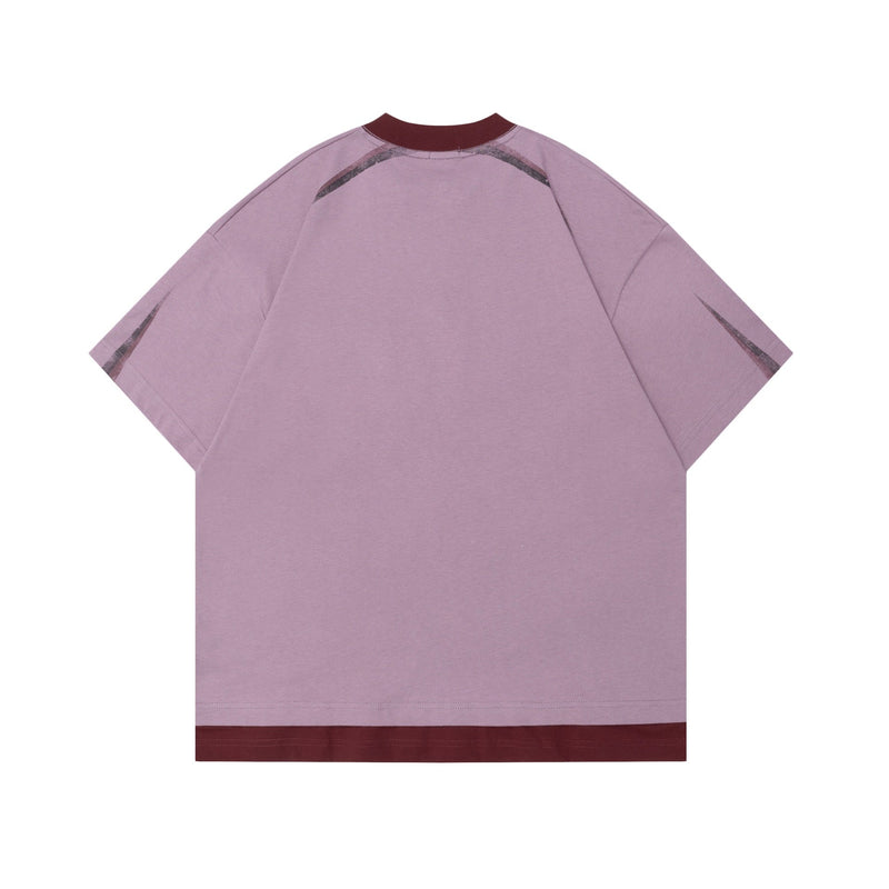 Oversized lavender streetwear tee with maroon ribbed collar and hem, half-zip collar detail, and contrast shoulder panels