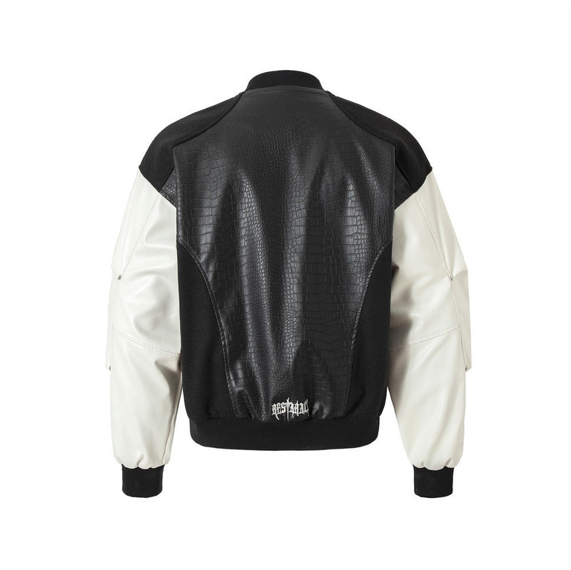 Gothic Cross Panel Bomber Jacket | Faux-Croc Contrast Sleeves